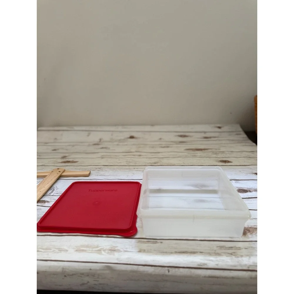 Tupperware Storage Container Red Clear Vintage Square Seal 9.5in 2.5in H
